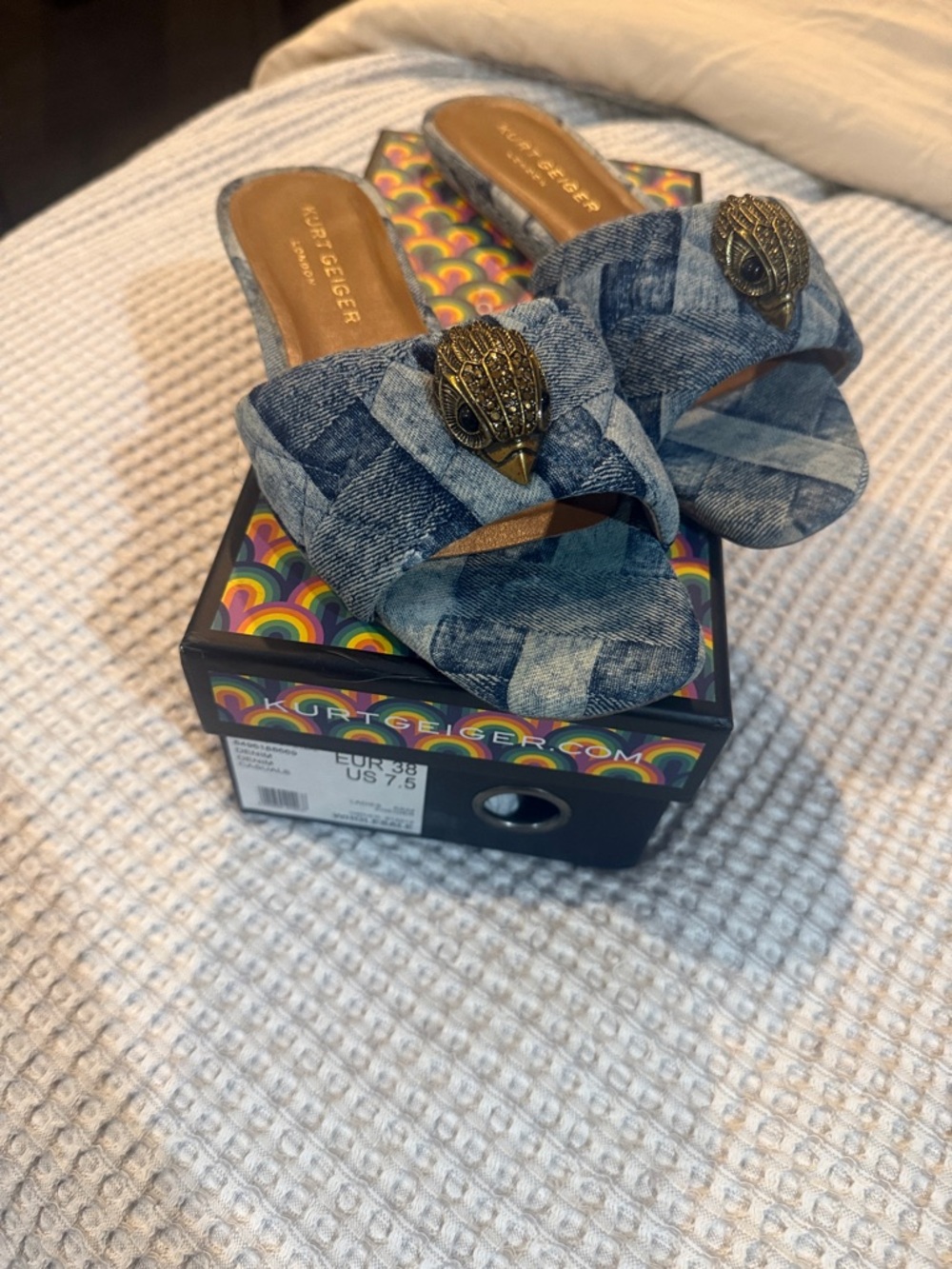 Kurt Geiger Blue Denim Slide Sandals with Gold Owl Accent